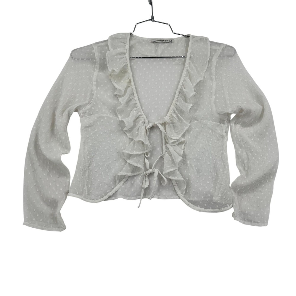 Abercrombie & Fitch Cardigan Women S White Fair Swiss Dot Ruffle Tie Front Boho